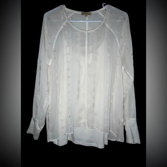 DEMOCRACY Shear Cream Top With Beige Cami Tank Underneath Long Sleeve Sz Small - Picture 1 of 6